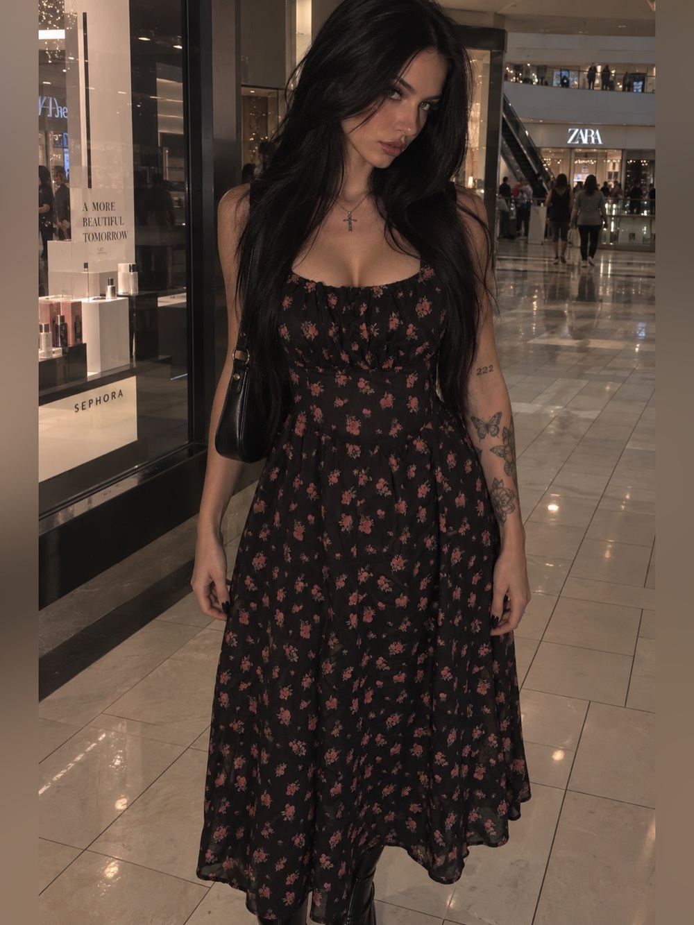 Women’s Stylish Floral Midi Dress with Pink Blossoms